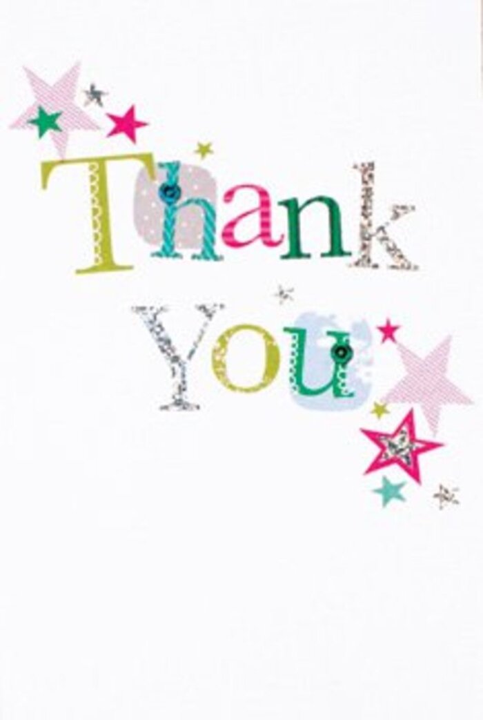 The typography on this thank you card unfolds with a sort of quiet exuberance, perfectly pitched for the gracious, neighbourly vibe that defines St John's Wood. Each letter feels alive with its own personality-some dancing with playful spots and soft curves, others drawn in a refined, almost musical rhythm that hints at creative gatherings nearby Lord's Cricket Ground. Clusters of stars in sparkling fuchsia, deep turquoise, and shimmering silver circle the message, as though softly blessing the card with extra joy-a fitting motif for a place where community and celebration intertwine. The card's modern, airy composition is set against a crisp expanse of white, mirroring the broad, tranquil pavements of the neighbourhood. There is a subtle sophistication to the design: not too formal, never too casual. This is the kind of card that slips effortlessly alongside a bouquet-whether it's a casual token for a friend or a formal thank you after a milestone event in St John's Wood. The sentiment is universally warm, turning each thank you into a gesture as uplifting as a fresh bouquet from a local florist; a keepsake of appreciation that carries the area's spirit.