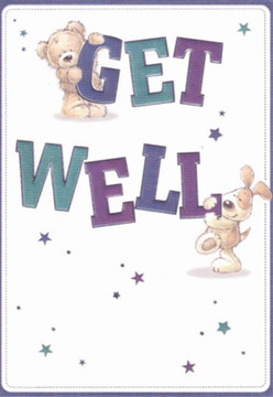 There is an immediate sense of calm and reassurance in this delightful get well card, mirroring the friendly hospitality found along St John's Wood High Street. At the centre, a cuddly teddy perches atop the bold 'GET,' while a perky puppy nestles just below 'WELL,' their faces shining with affection and optimism. The rounded, gentle forms and expressive eyes of these illustrated friends evoke the comfort of familiar walks through Violet Hill Gardens or morning strolls near Lord's. Deep purples and lush teals bring vitality to the message, and scattered stars twinkle like distant city lights or late spring violets near Grove End Road. All of this rests on a crisp, clean white background that creates a sense of clarity, akin to the first light after a gentle rain on one of St John's Wood's quiet streets. The scene's nurturing spirit is akin to the care put into a hand-tied bouquet arranged by local florists, each detail crafted to lift the spirits of someone in need. This card is a small celebration, a burst of hope and genuine well-wishing perfect for delivery throughout the St John's Wood community.